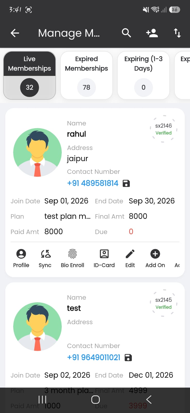 GGMS member management app screen